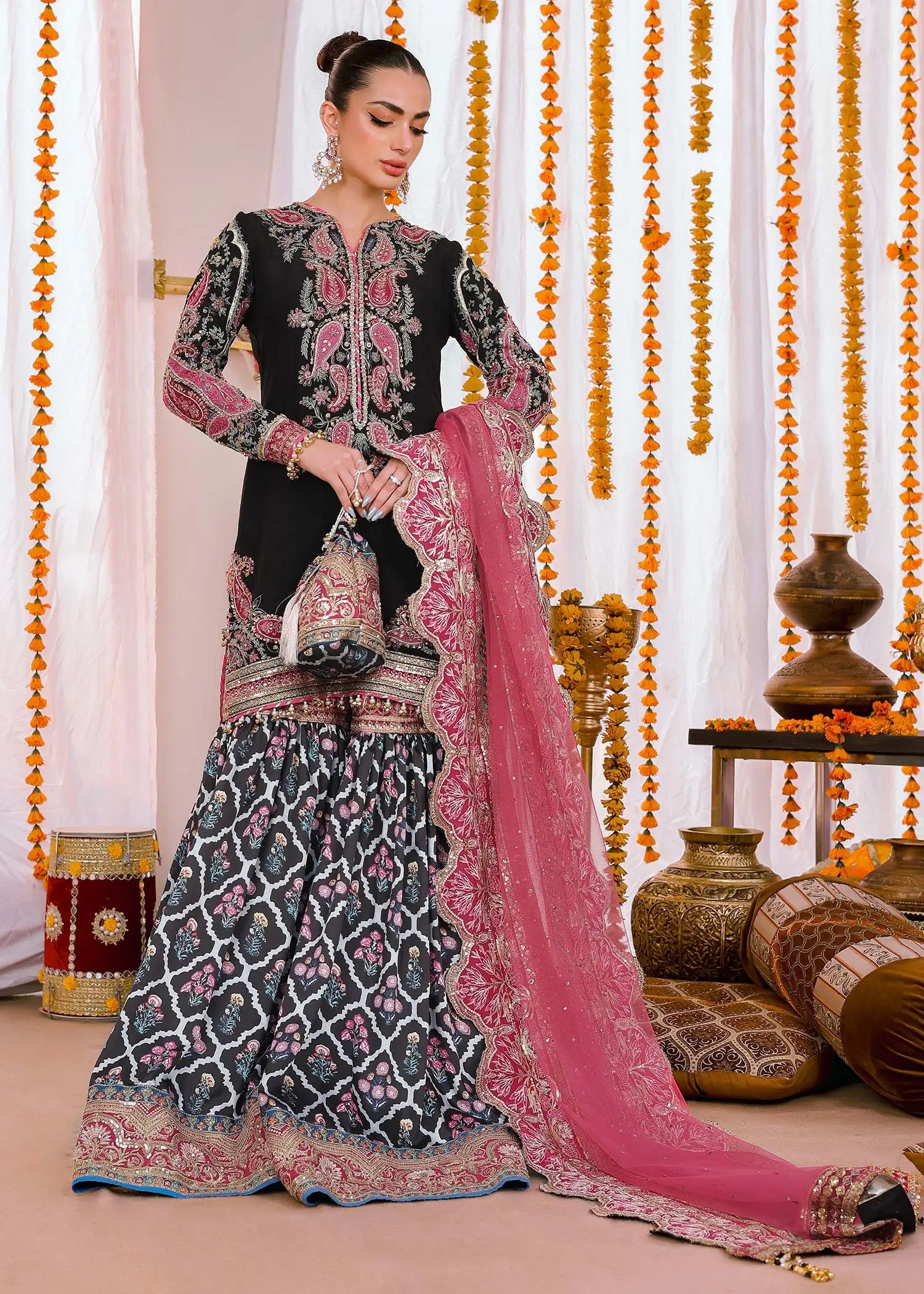 Black Embroidered Silk Gharara Set (3-Piece) - Image 1