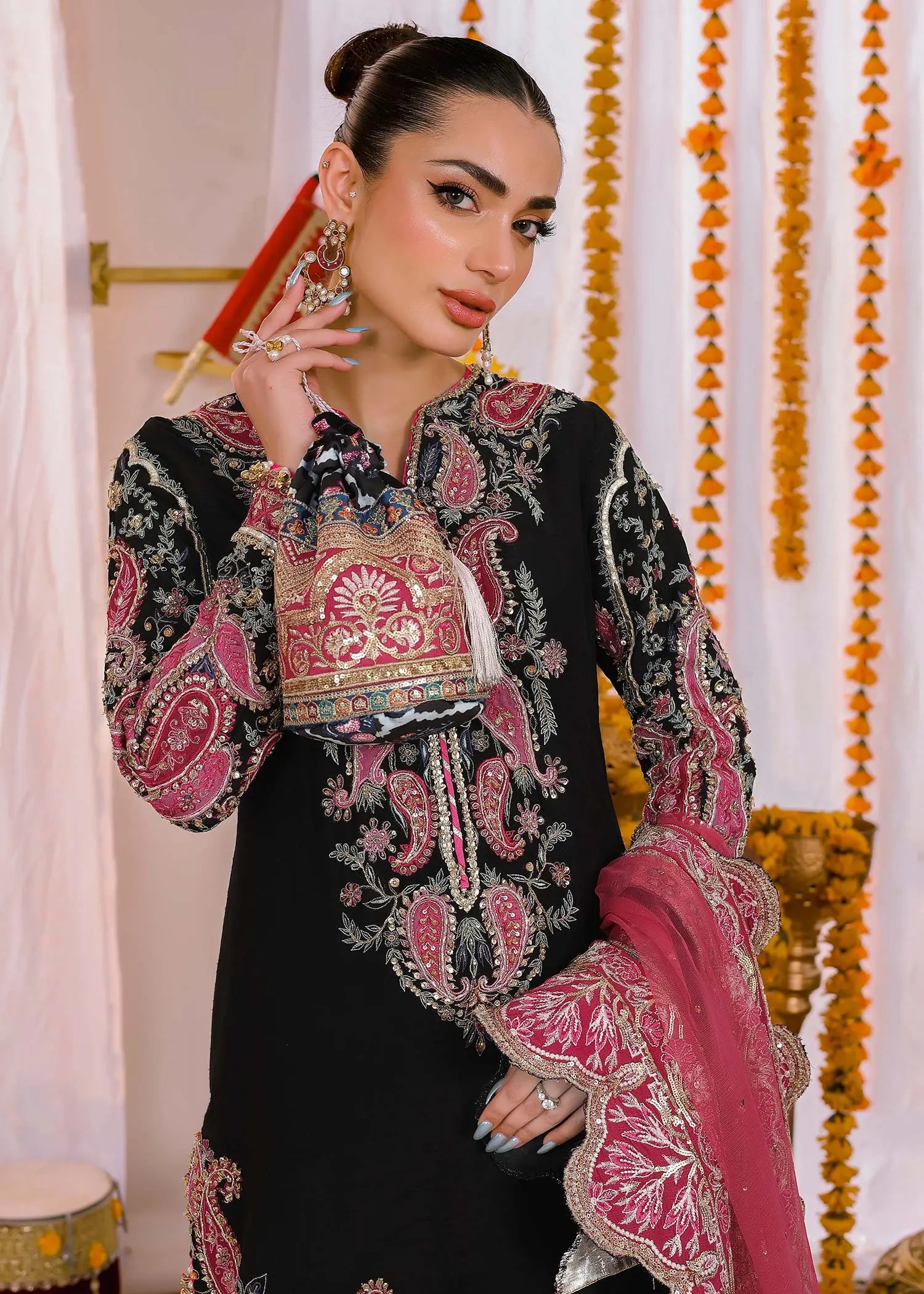 Black Embroidered Silk Gharara Set (3-Piece) - Image 2