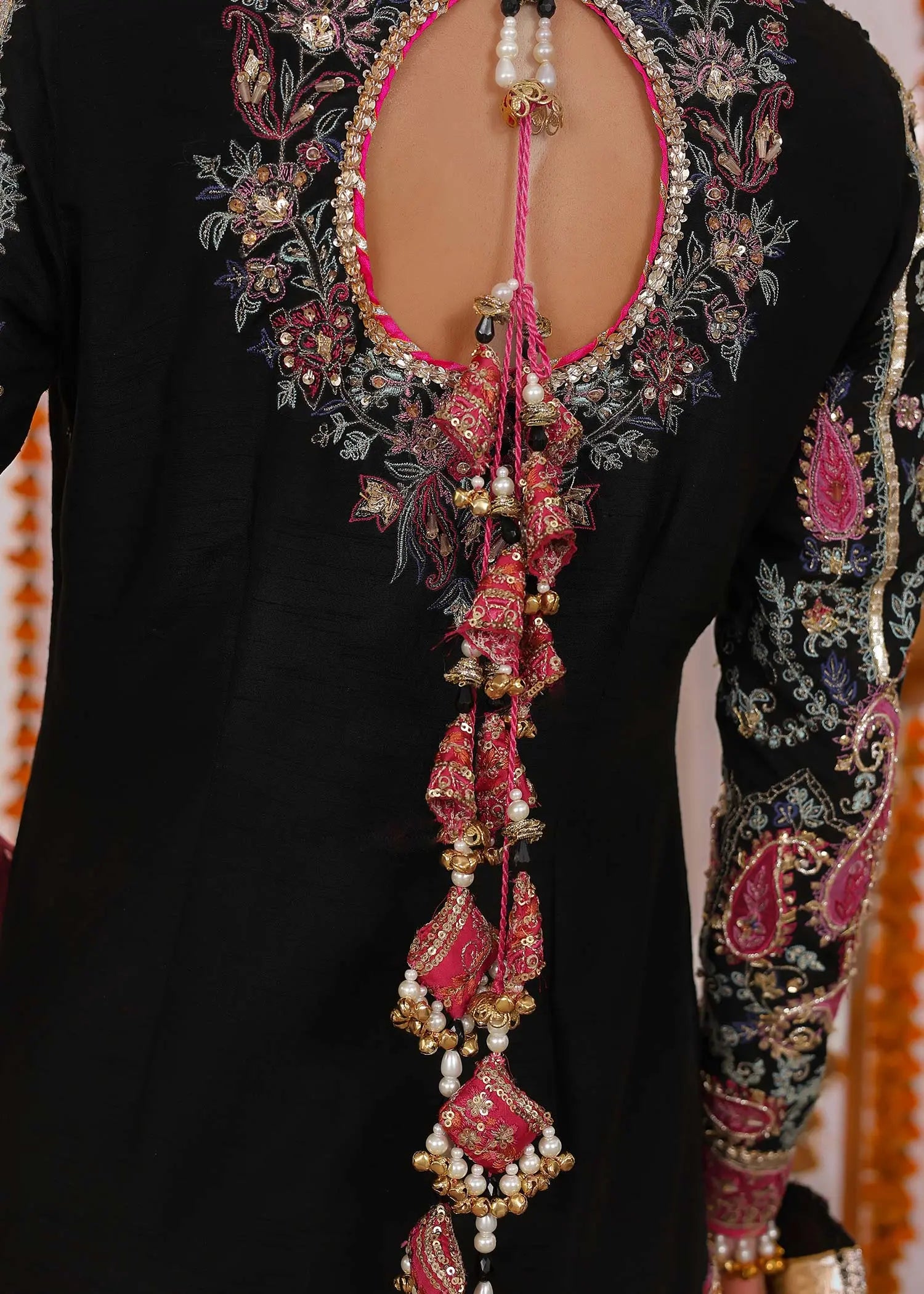 Black Embroidered Silk Gharara Set (3-Piece) - Image 3