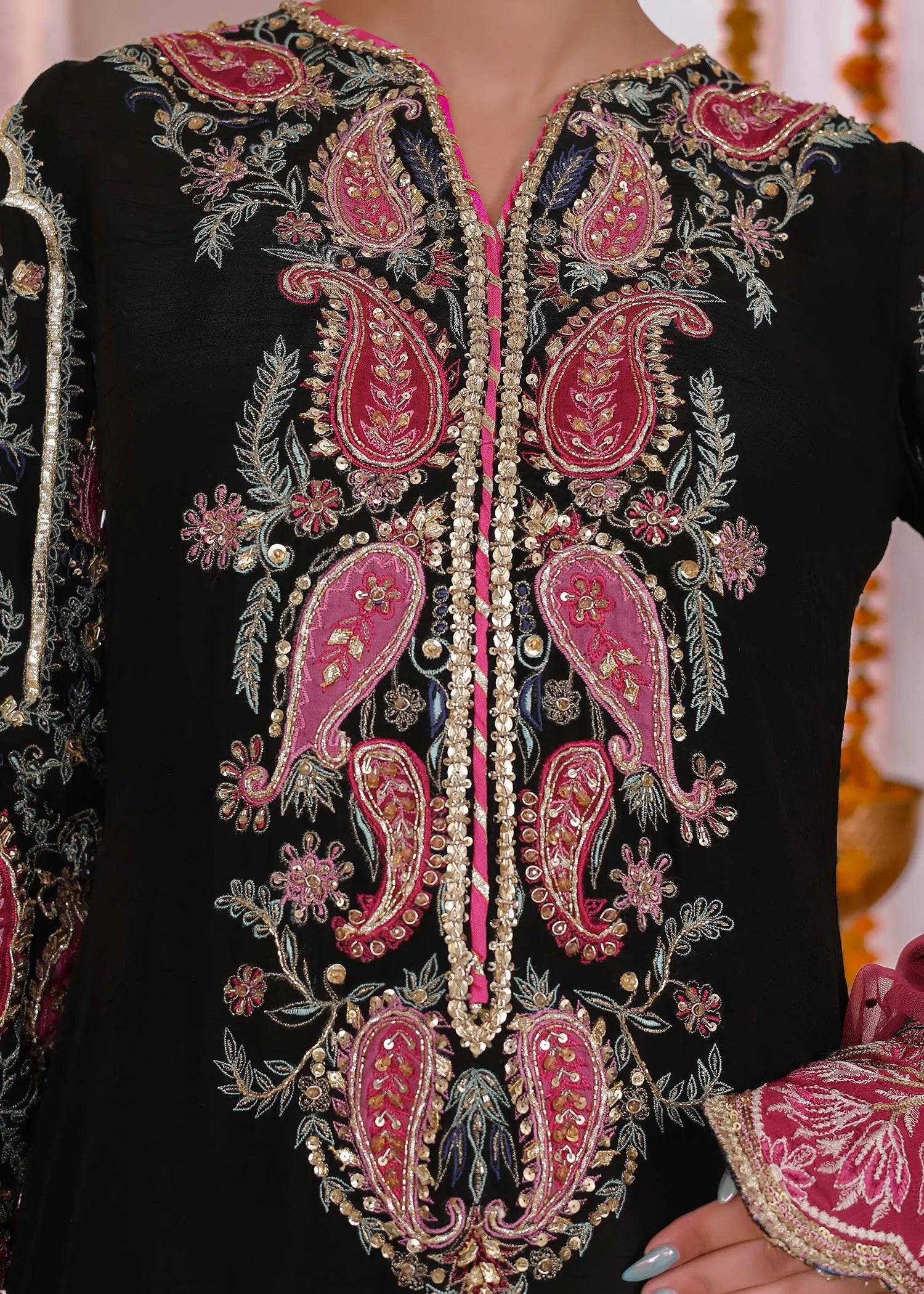 Black Embroidered Silk Gharara Set (3-Piece) - Image 4