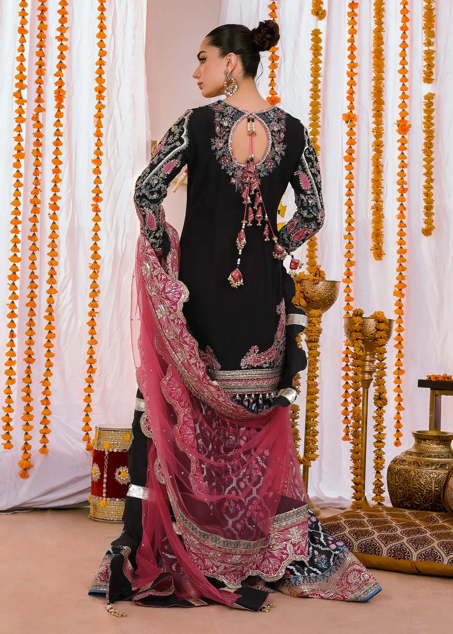 Black Embroidered Silk Gharara Set (3-Piece) - Image 5