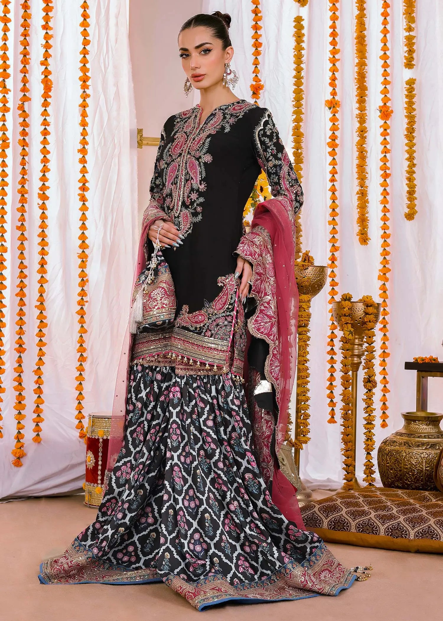 Black Embroidered Silk Gharara Set (3-Piece) - Image 6