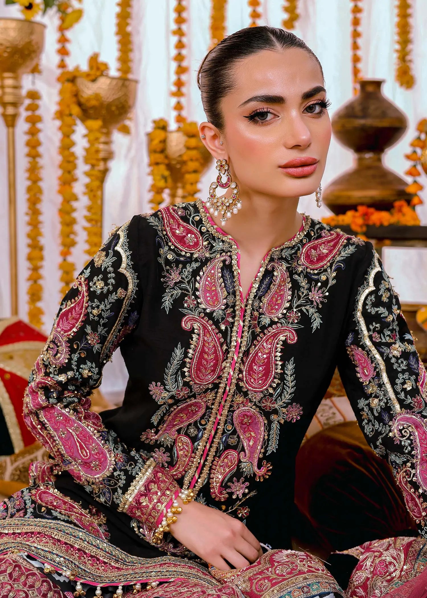 Black Embroidered Silk Gharara Set (3-Piece) - Image 7