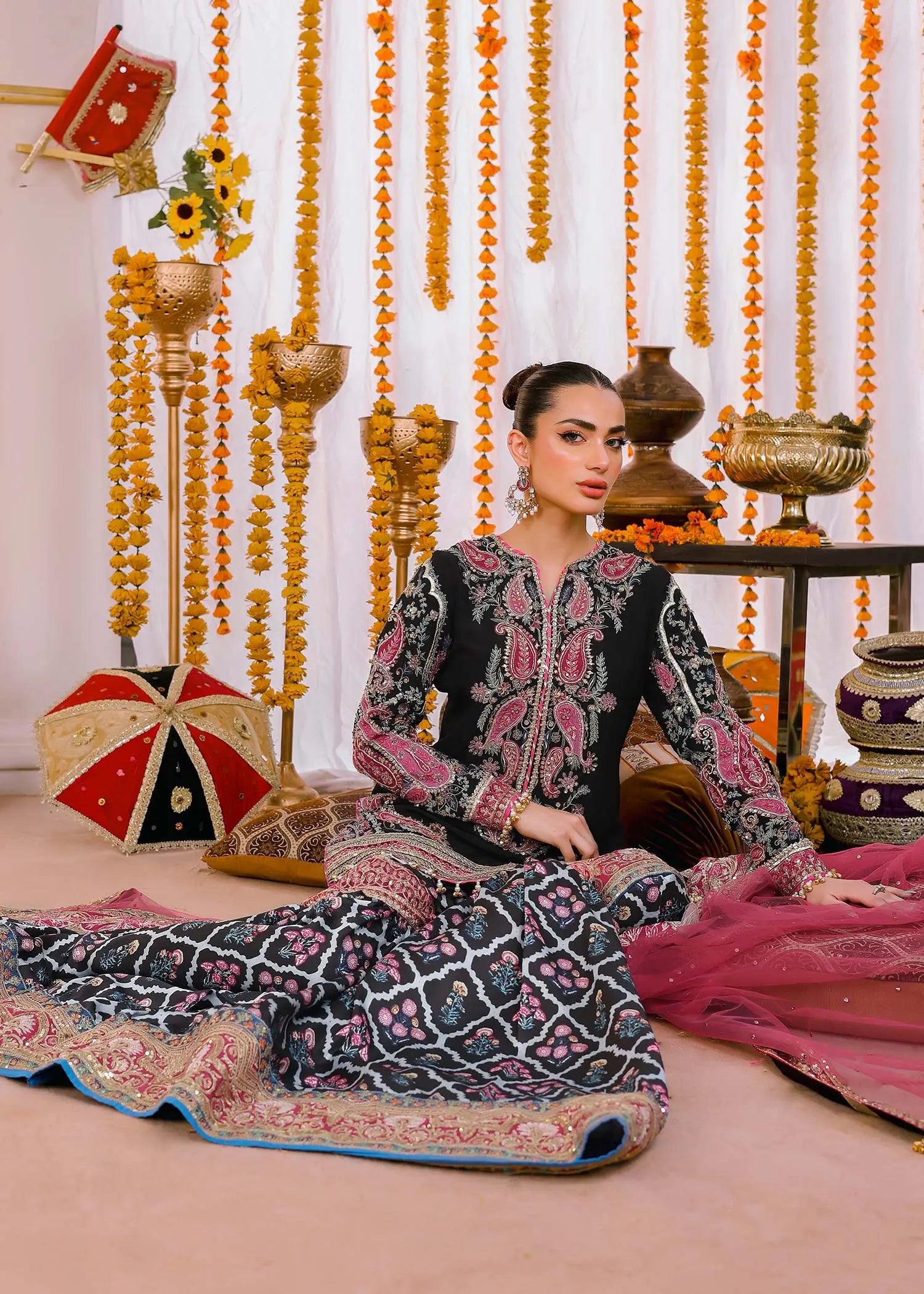 Black Embroidered Silk Gharara Set (3-Piece) - Image 8