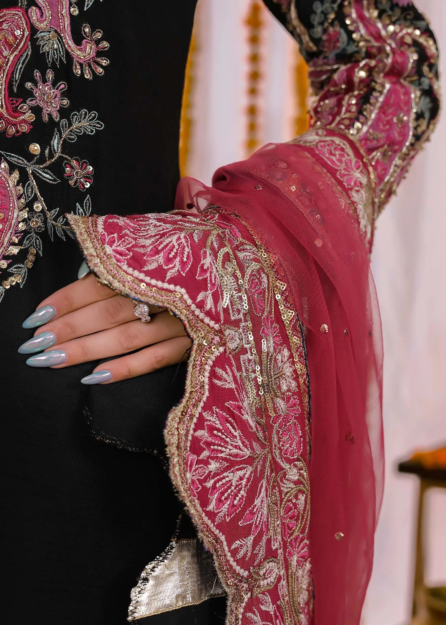 Black Embroidered Silk Gharara Set (3-Piece) - Image 9