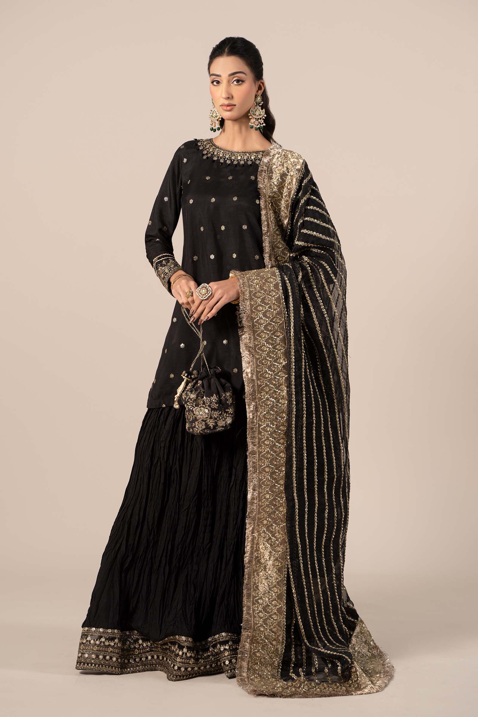 Black Embroidered Raw Silk Gharara Set (3-Piece) - Image 1