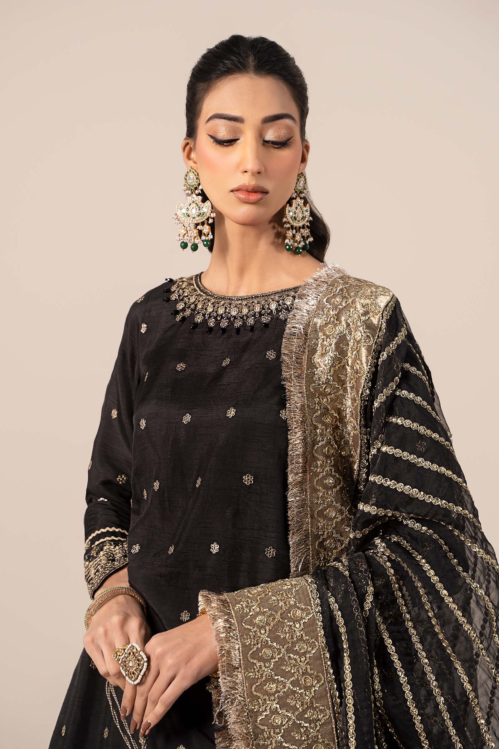 Black Embroidered Raw Silk Gharara Set (3-Piece) - Image 2