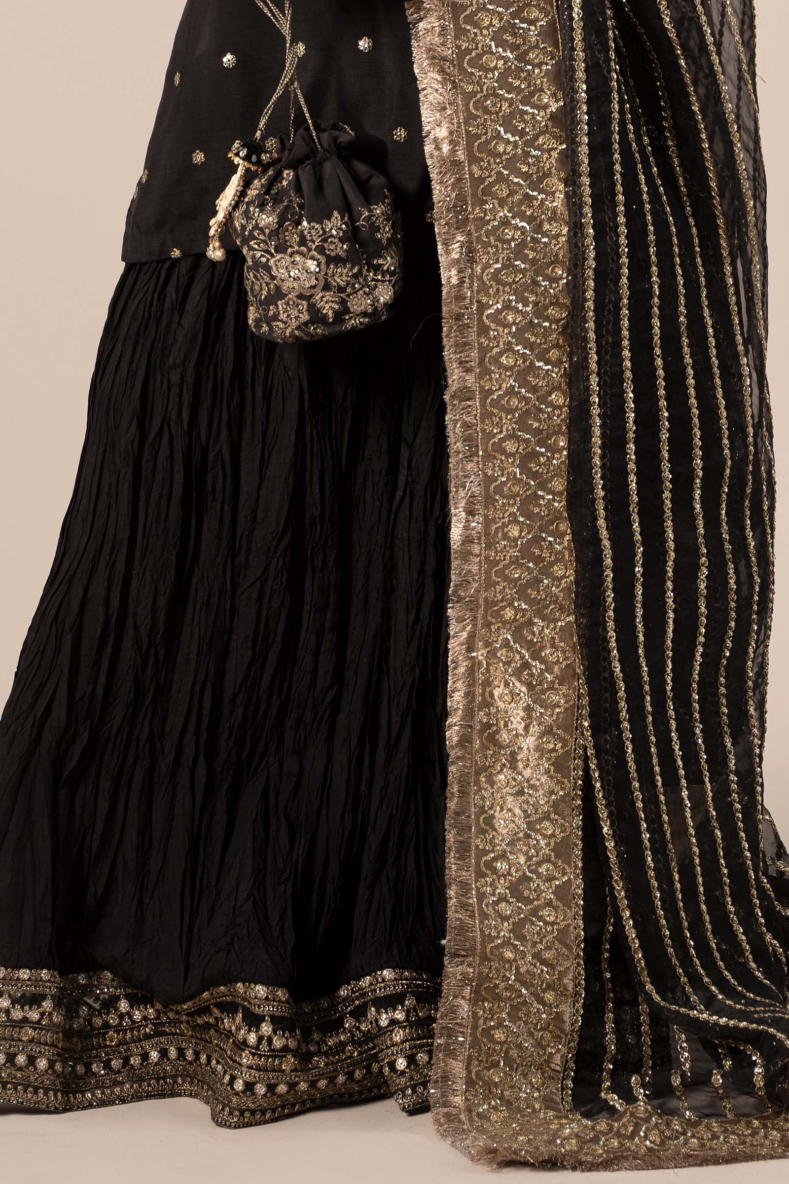 Black Embroidered Raw Silk Gharara Set (3-Piece) - Image 4