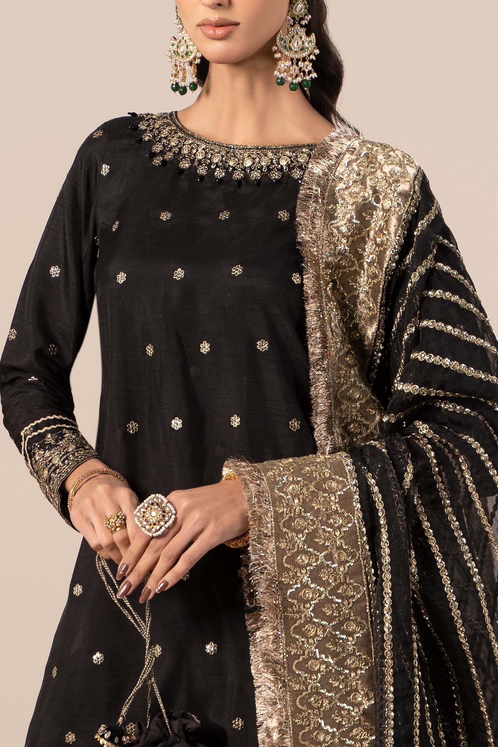 Black Embroidered Raw Silk Gharara Set (3-Piece) - Image 5