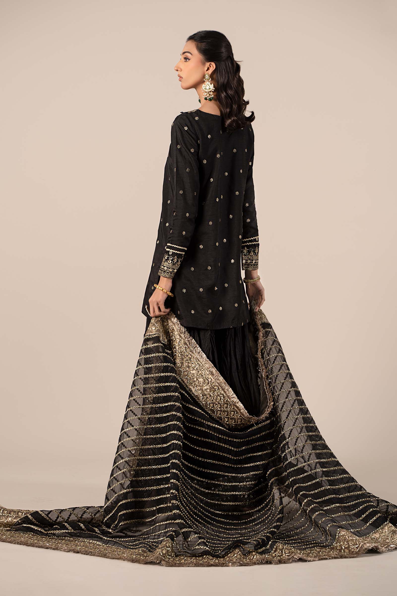 Black Embroidered Raw Silk Gharara Set (3-Piece) - Image 7