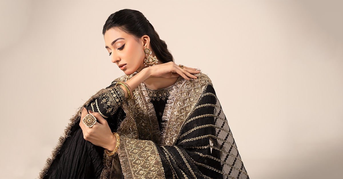 Black Embroidered Raw Silk Gharara Set (3-Piece) - Image 8