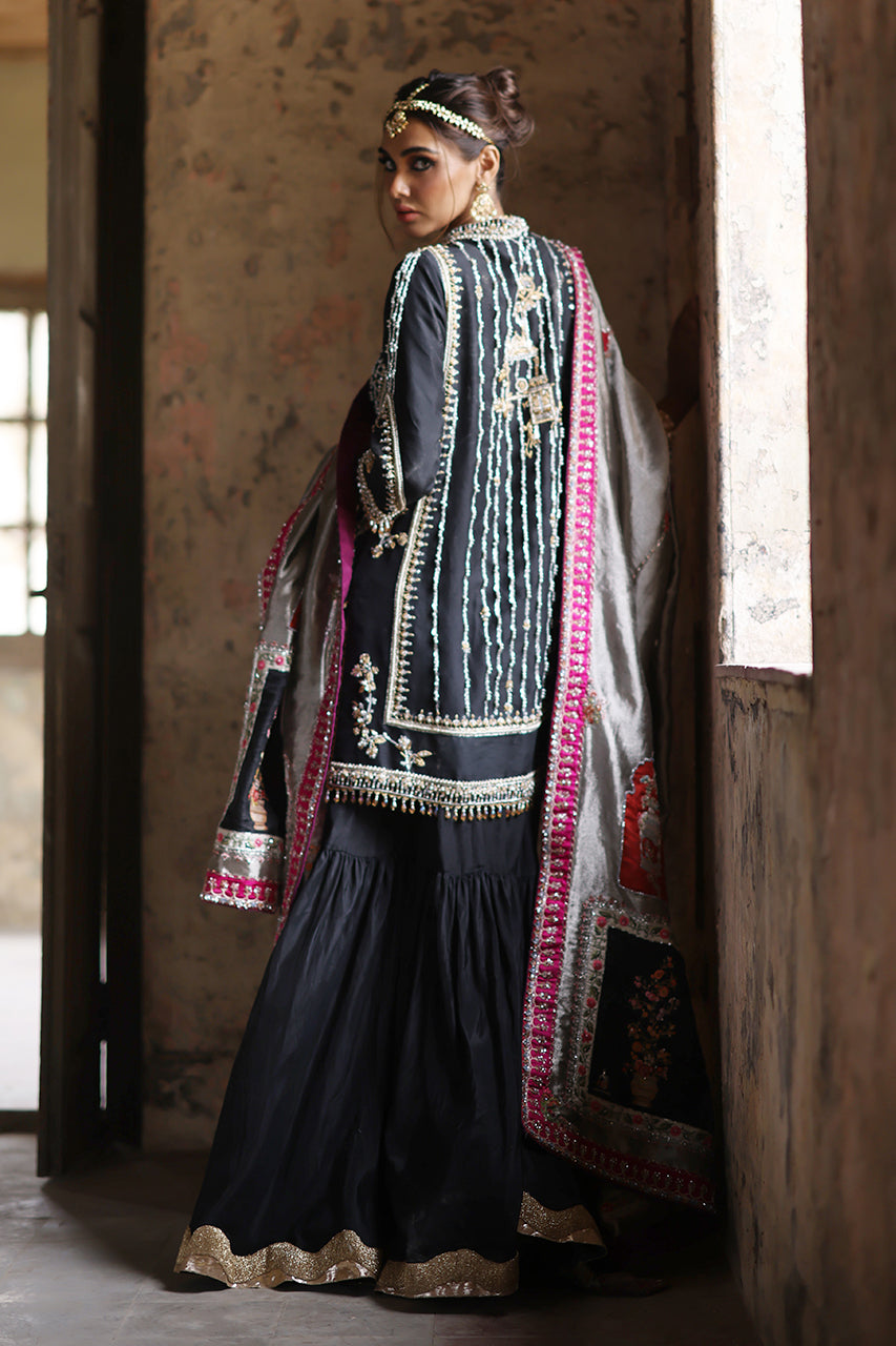 Black Zardozi Raw Silk Chogha Gharara (3-Piece) - Image 2