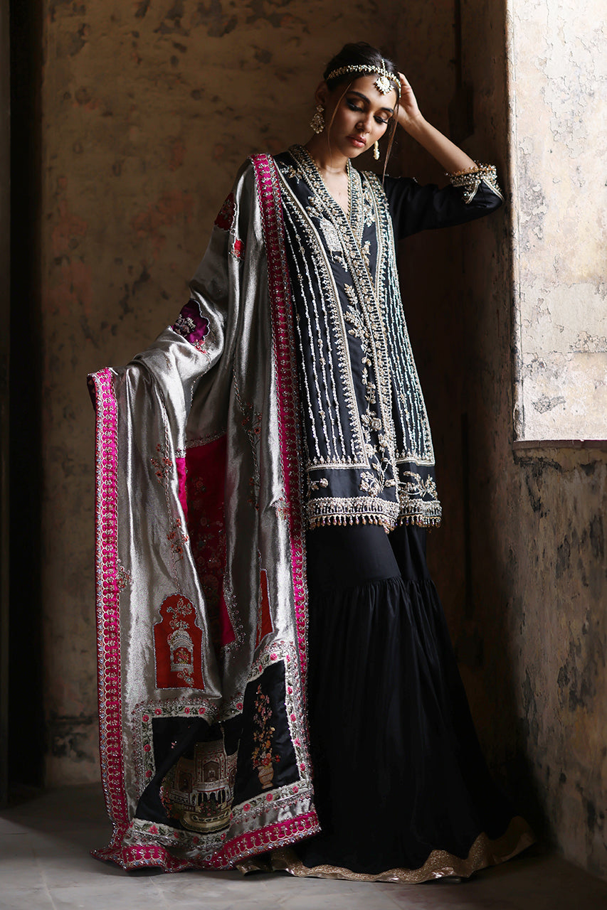 Black Zardozi Raw Silk Chogha Gharara (3-Piece) - Image 4