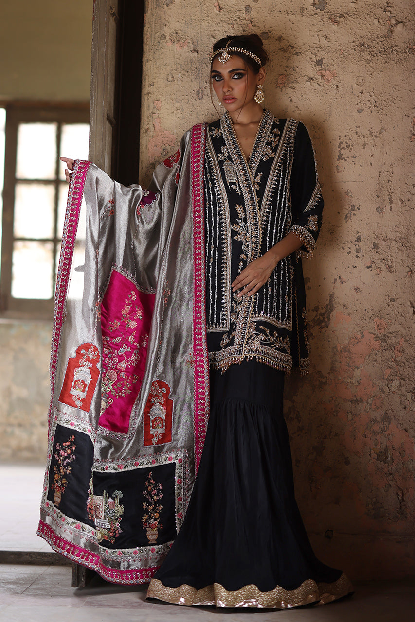 Black Zardozi Raw Silk Chogha Gharara (3-Piece) - Image 5
