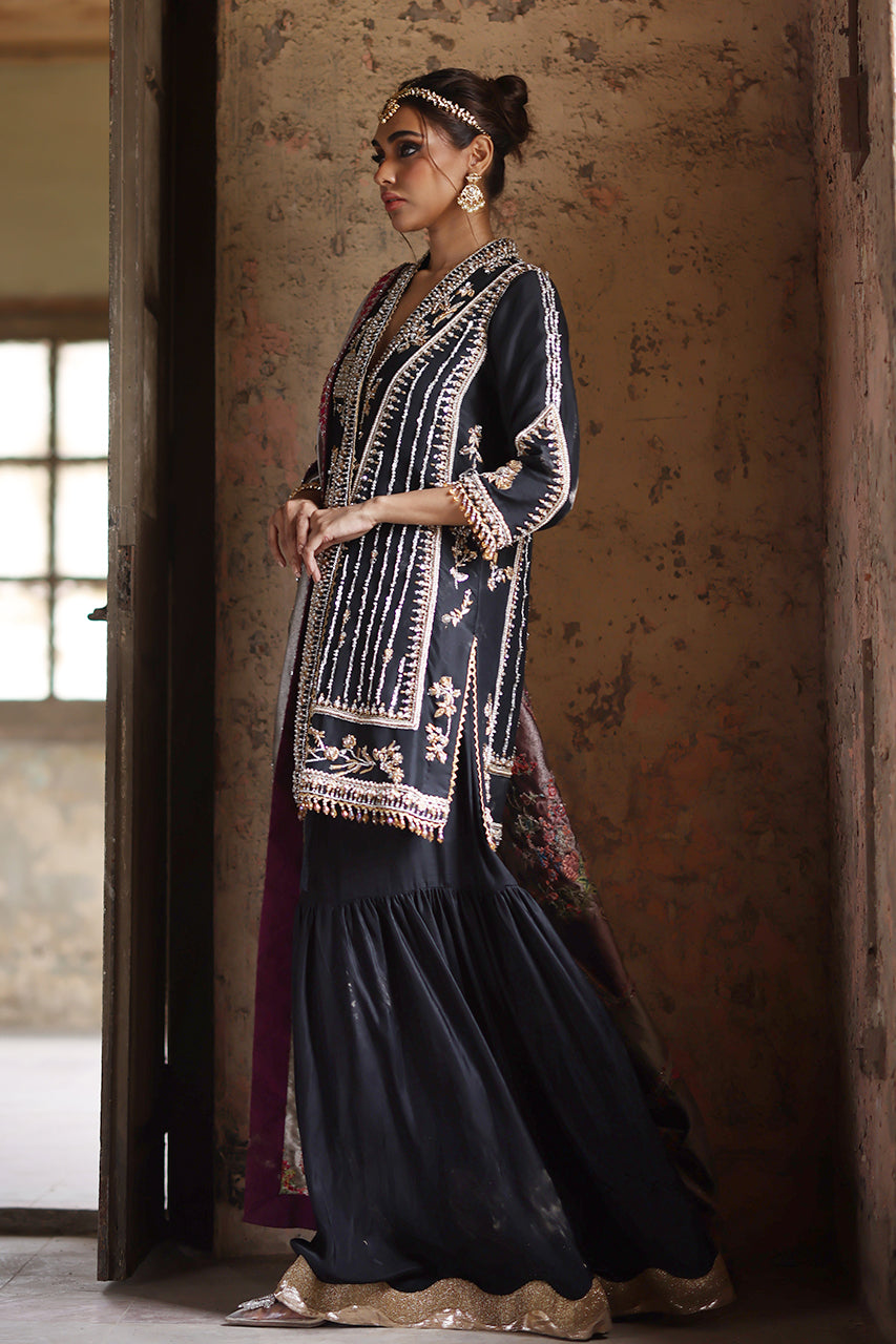 Black Zardozi Raw Silk Chogha Gharara (3-Piece) - Image 6