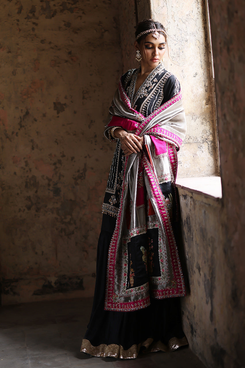 Black Zardozi Raw Silk Chogha Gharara (3-Piece) - Image 7