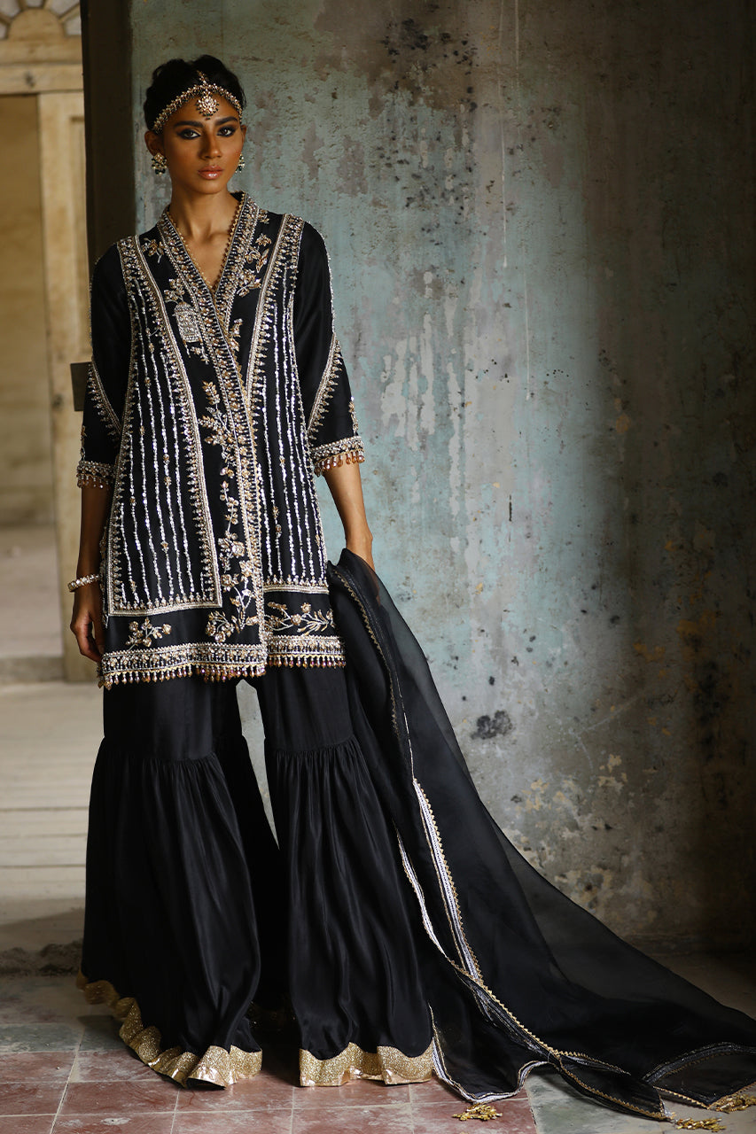 Pakistani Black Zardozi Raw Silk Chogha & Gharara (3-Piece) - Image 1