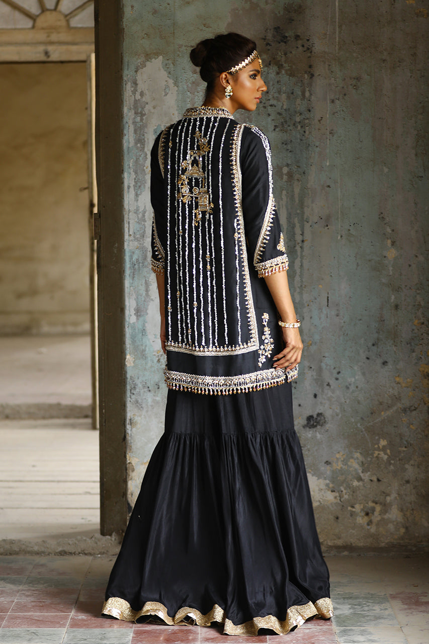 Pakistani Black Zardozi Raw Silk Chogha & Gharara (3-Piece) - Image 2