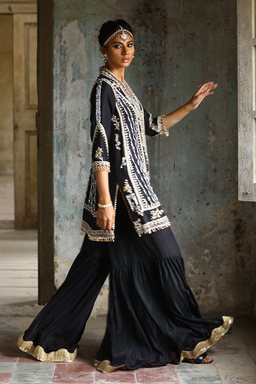 Pakistani Black Zardozi Raw Silk Chogha & Gharara (3-Piece) - Image 3