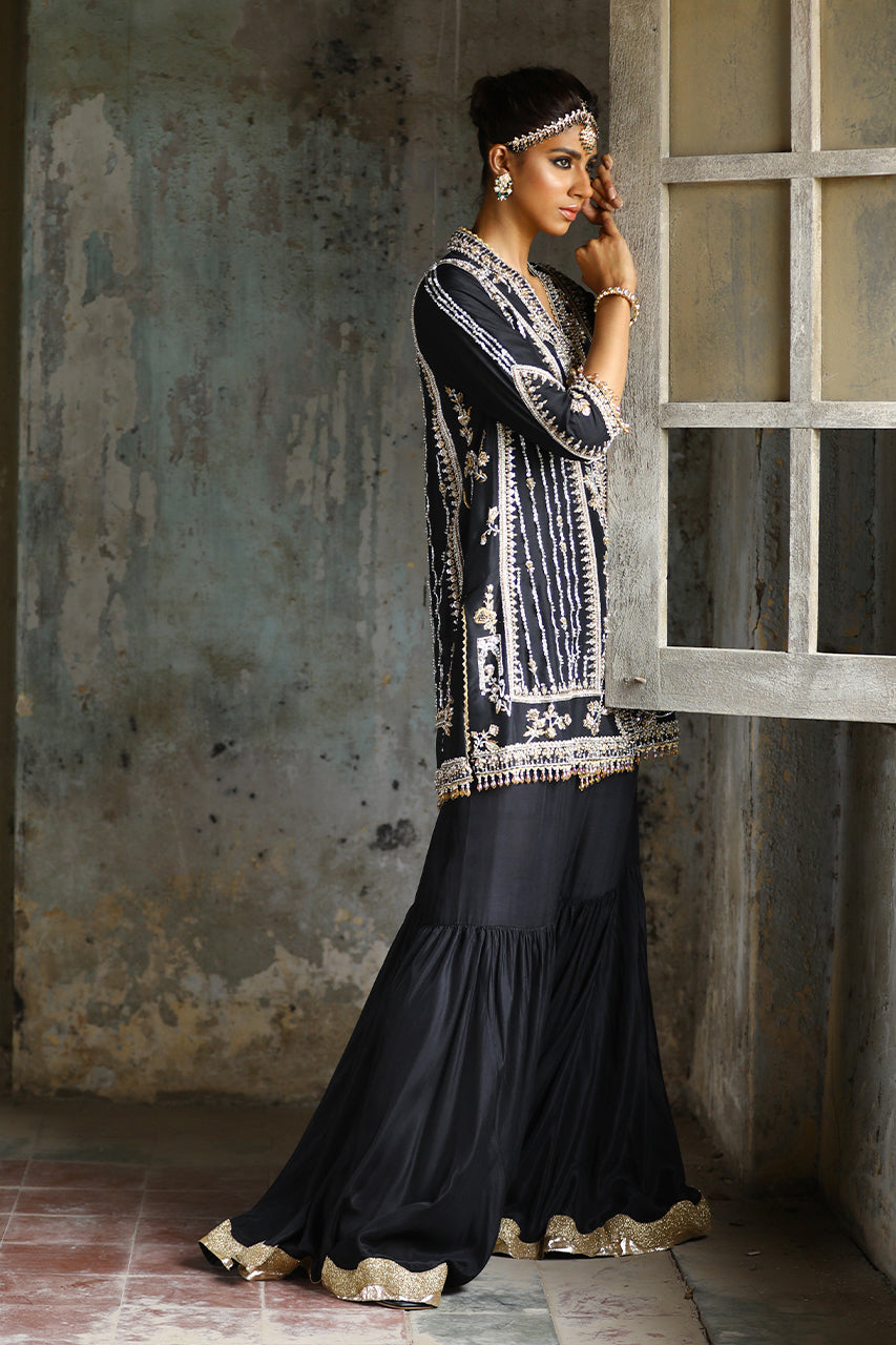 Pakistani Black Zardozi Raw Silk Chogha & Gharara (3-Piece) - Image 4