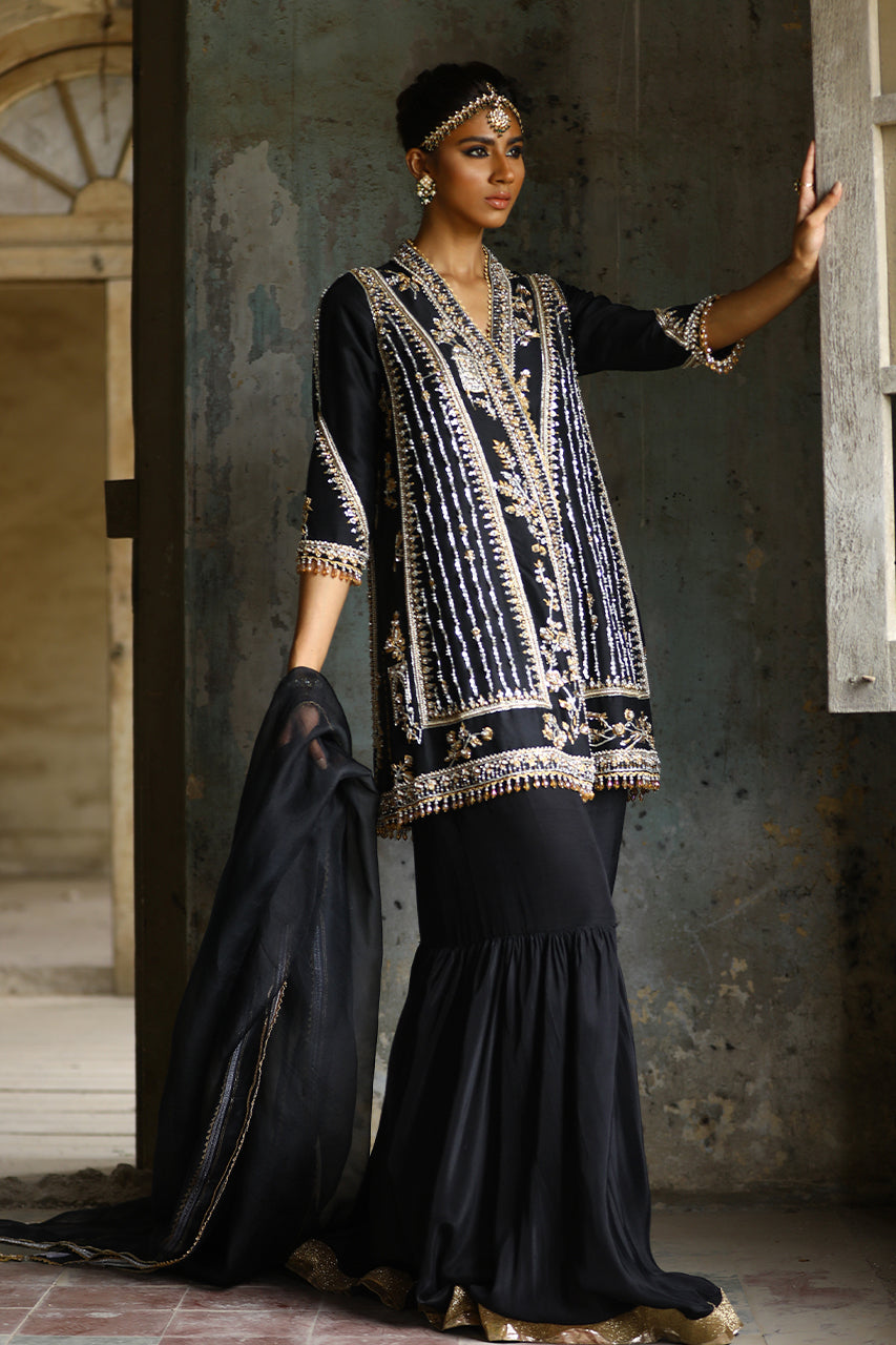 Pakistani Black Zardozi Raw Silk Chogha & Gharara (3-Piece) - Image 5