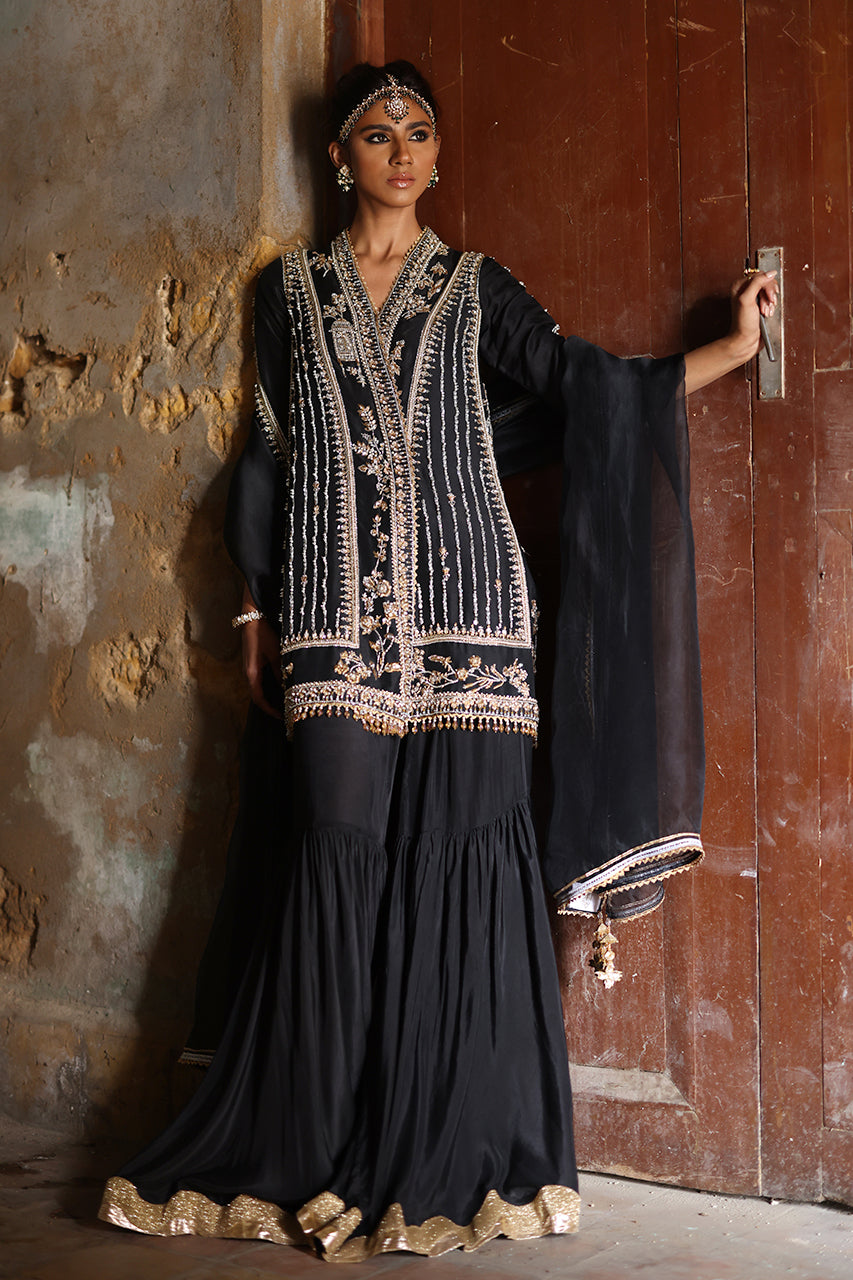 Pakistani Black Zardozi Raw Silk Chogha & Gharara (3-Piece) - Image 6