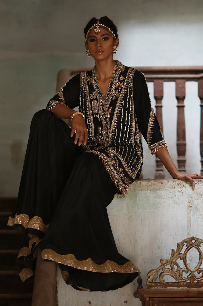 Pakistani Black Zardozi Raw Silk Chogha & Gharara (3-Piece) - Image 7