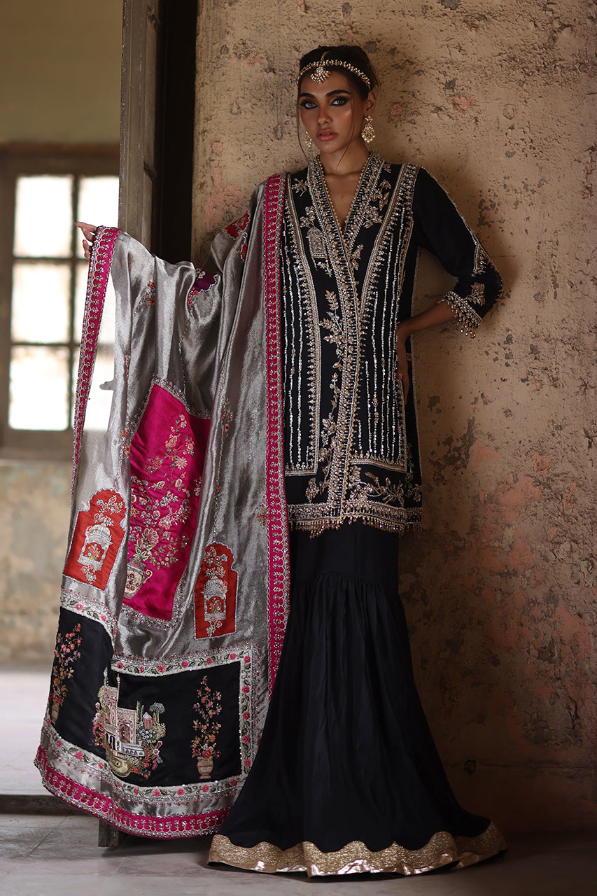 Black Zardozi Raw Silk Chogha Gharara (3-Piece) - Image 1