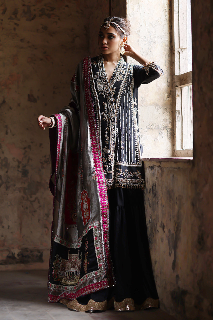 Black Zardozi Raw Silk Chogha Gharara (3-Piece) - Image 3