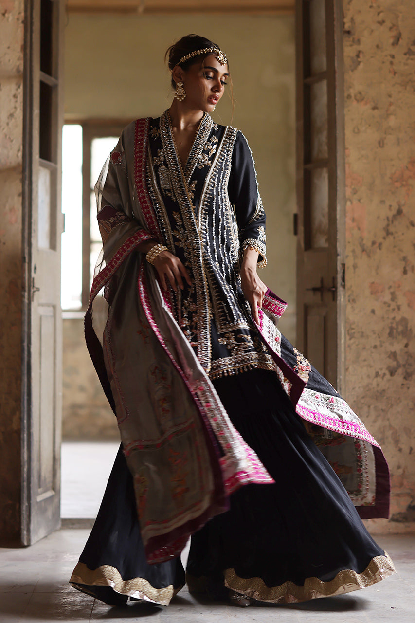 Black Zardozi Raw Silk Chogha Gharara (3-Piece) - Image 8