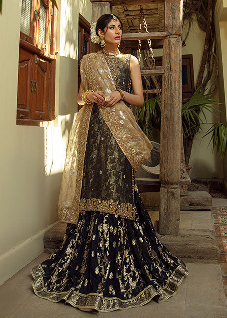 Black & Gold Embroidered Shabnum Mesori Gharara (3-Piece) - Image 1