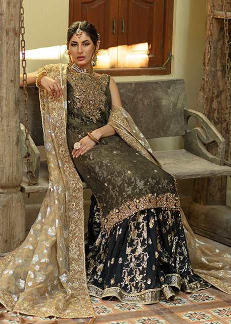 Black & Gold Embroidered Shabnum Mesori Gharara (3-Piece) - Image 4