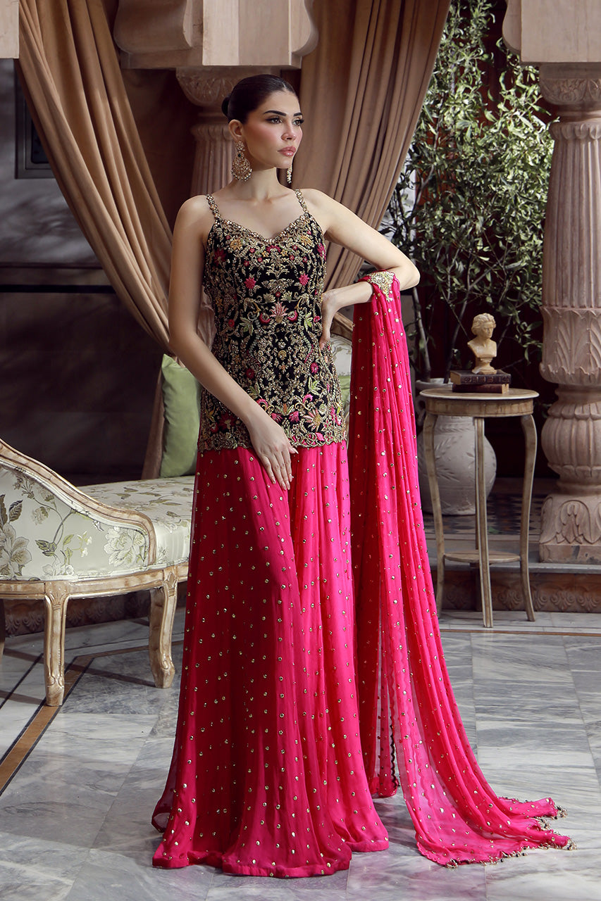 Indian Black Embroidered Silk Jamawar Gharara (3-Piece) - Image 1