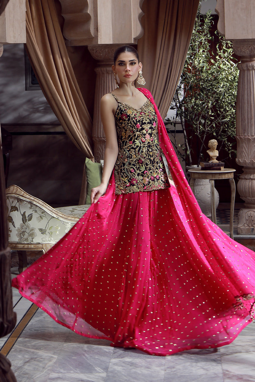 Indian Black Embroidered Silk Jamawar Gharara (3-Piece) - Image 3