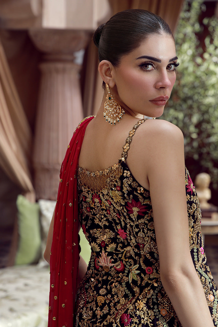 Indian Black Embroidered Silk Jamawar Gharara (3-Piece) - Image 4