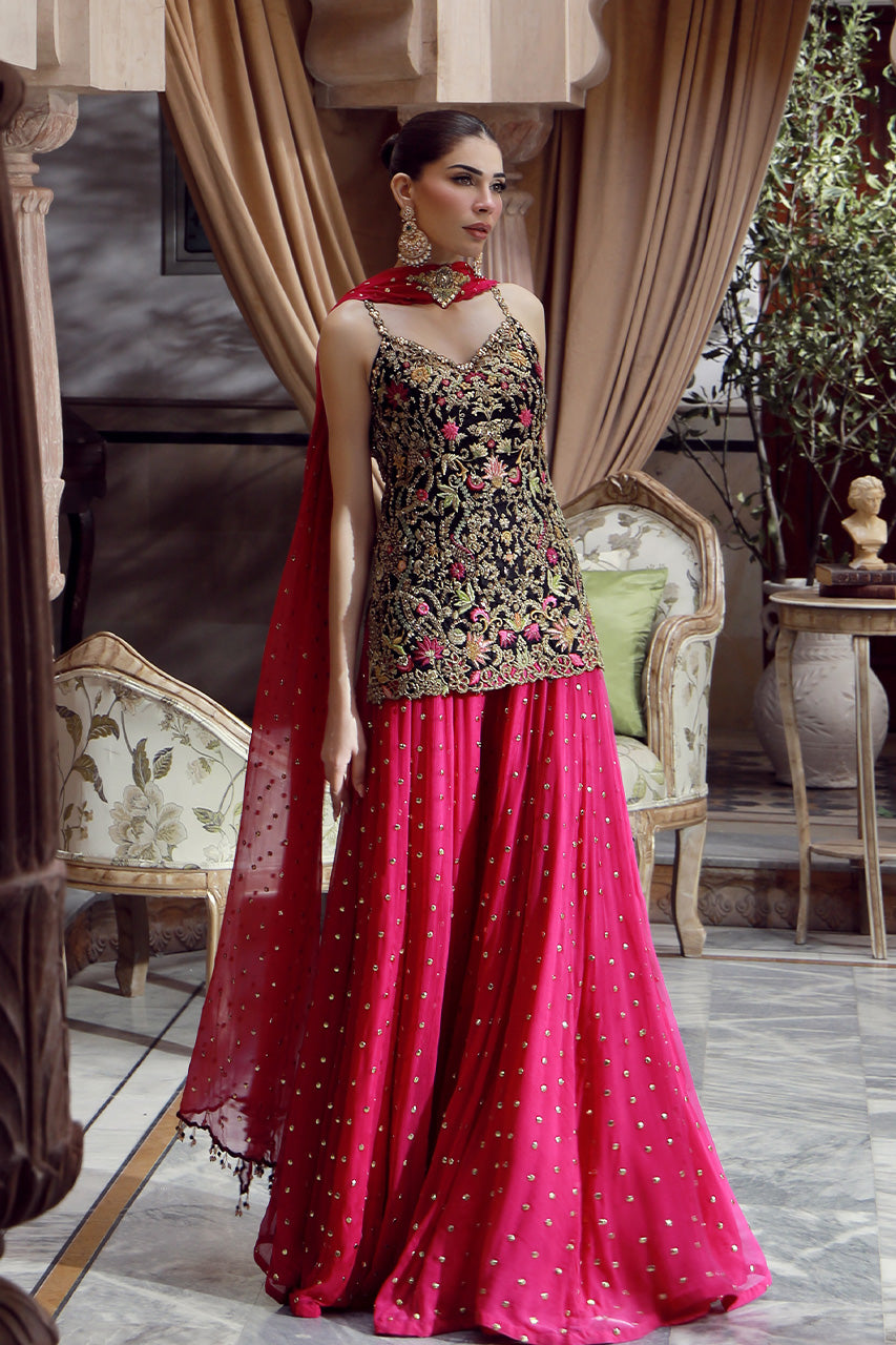 Indian Black Embroidered Silk Jamawar Gharara (3-Piece) - Image 5