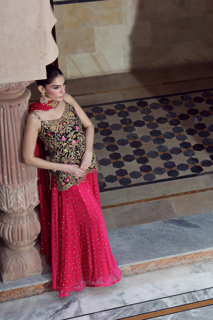 Indian Black Embroidered Silk Jamawar Gharara (3-Piece) - Image 6