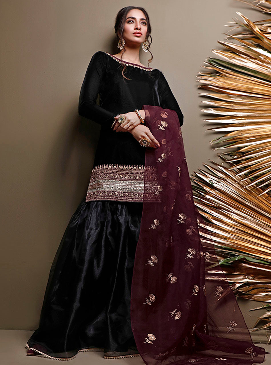 Black Embroidered Velvet Gharara Set (3-Piece) - Image 1