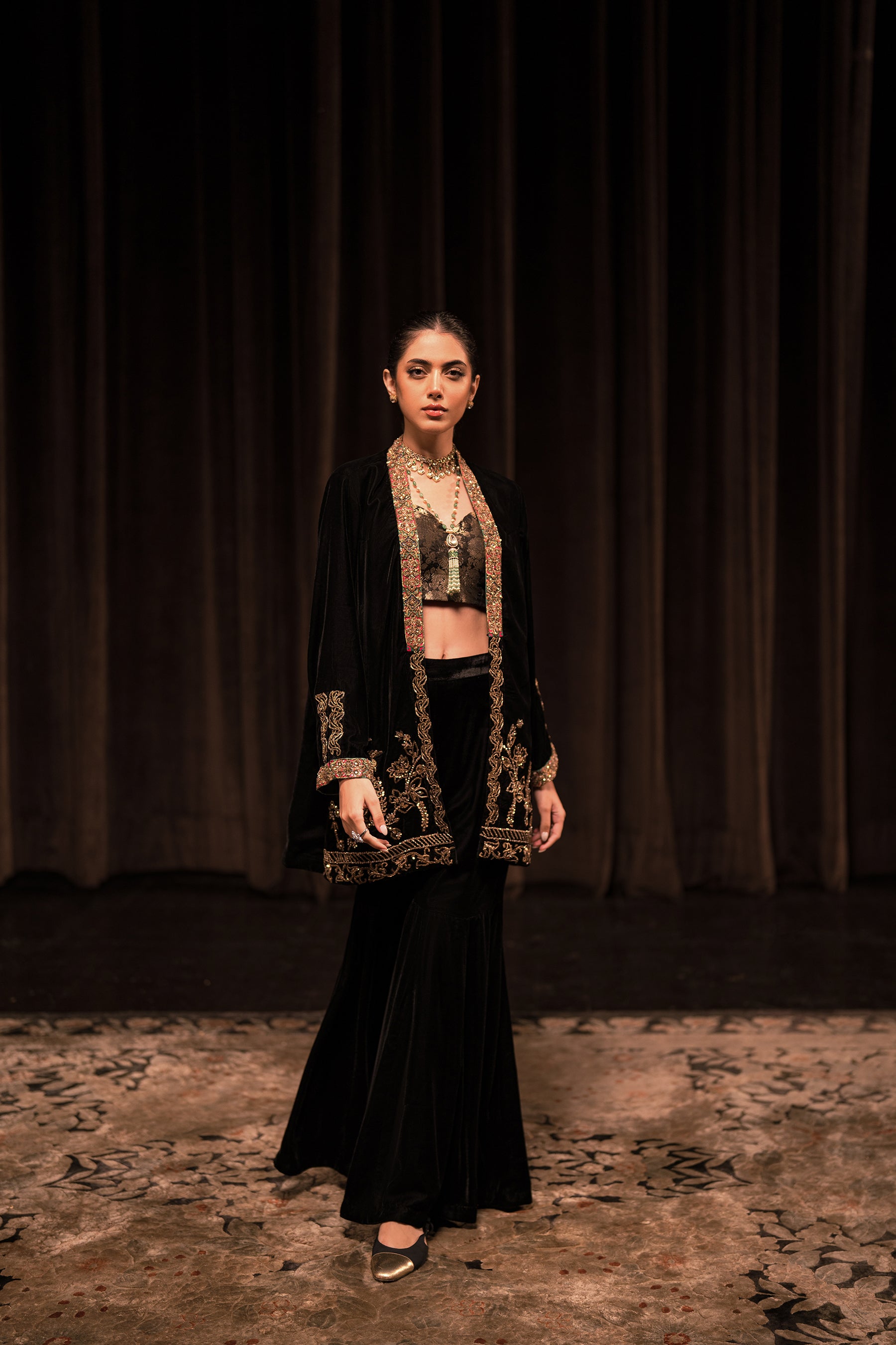 Black Zardozi Velvet & Jamawar Gharara (3-Piece) - Image 2