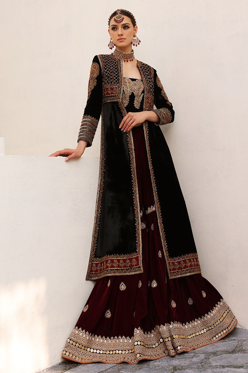 Black Velvet Embellished Open Shirt with Plum Maroon Gharara (2-Piece) - Image 1
