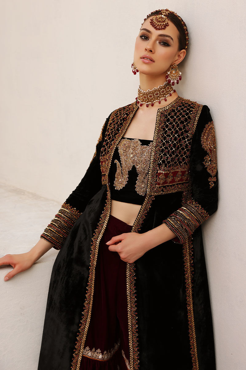 Black Velvet Embellished Open Shirt with Plum Maroon Gharara (2-Piece) - Image 2