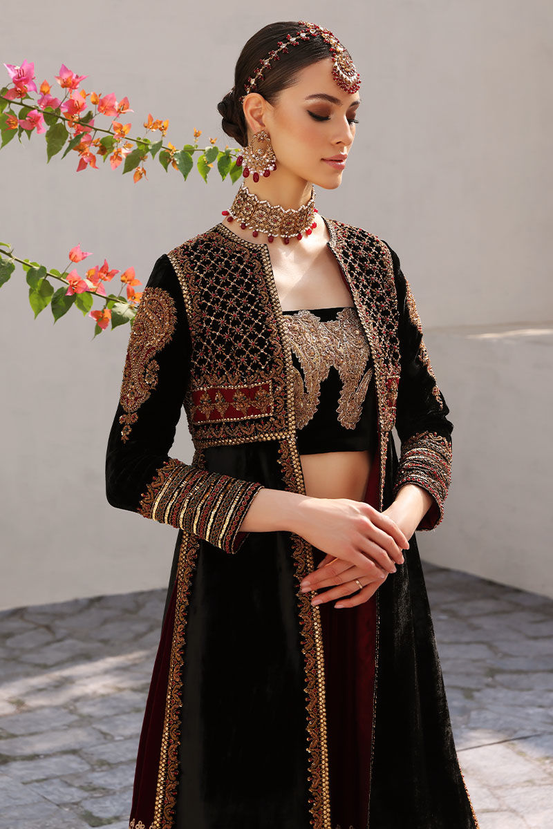 Black Velvet Embellished Open Shirt with Plum Maroon Gharara (2-Piece) - Image 3