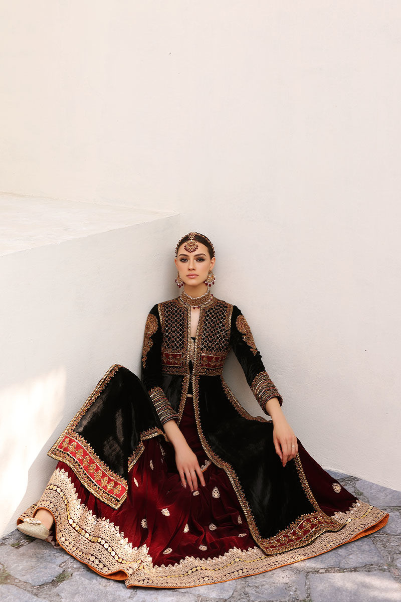 Black Velvet Embellished Open Shirt with Plum Maroon Gharara (2-Piece) - Image 4