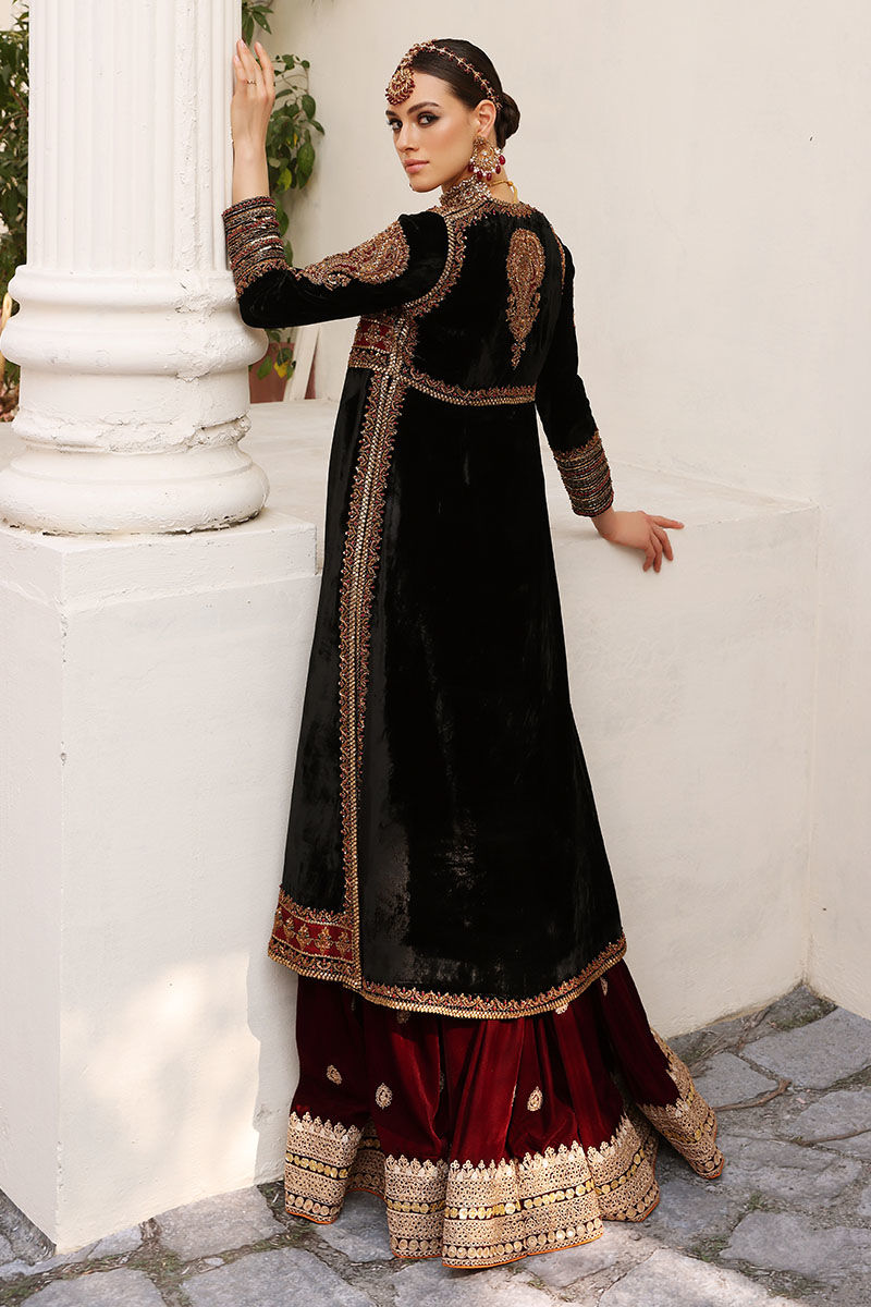 Black Velvet Embellished Open Shirt with Plum Maroon Gharara (2-Piece) - Image 5
