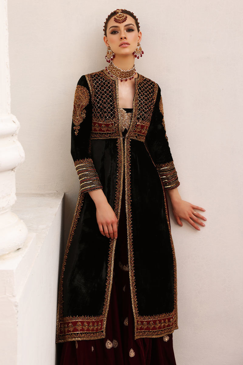 Black Velvet Embellished Open Shirt with Plum Maroon Gharara (2-Piece) - Image 6