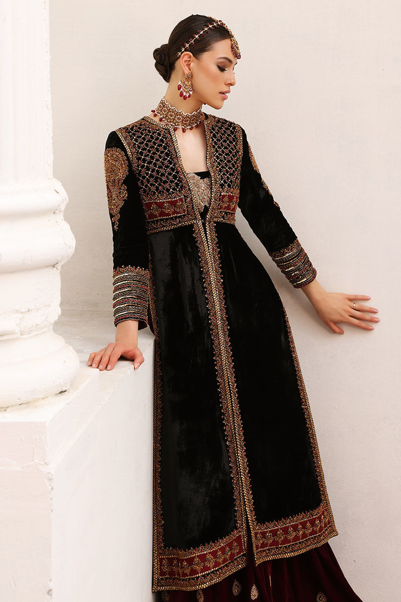 Black Velvet Embellished Open Shirt with Plum Maroon Gharara (2-Piece) - Image 7