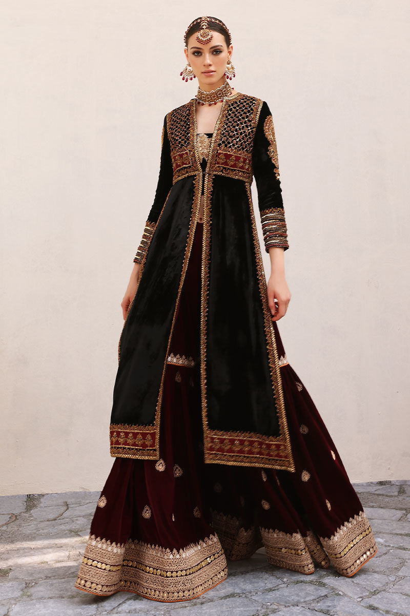 Black Velvet Embellished Open Shirt with Plum Maroon Gharara (2-Piece) - Image 8