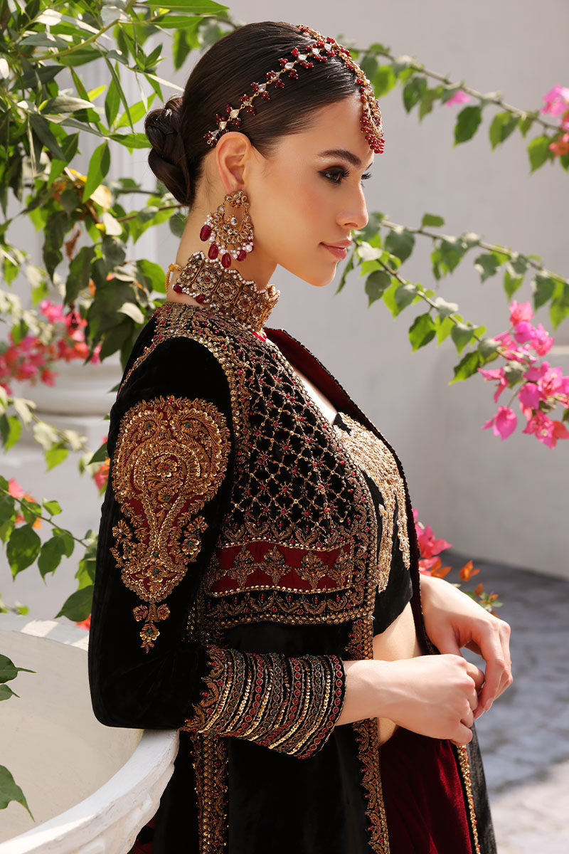 Black Velvet Embellished Open Shirt with Plum Maroon Gharara (2-Piece) - Image 9