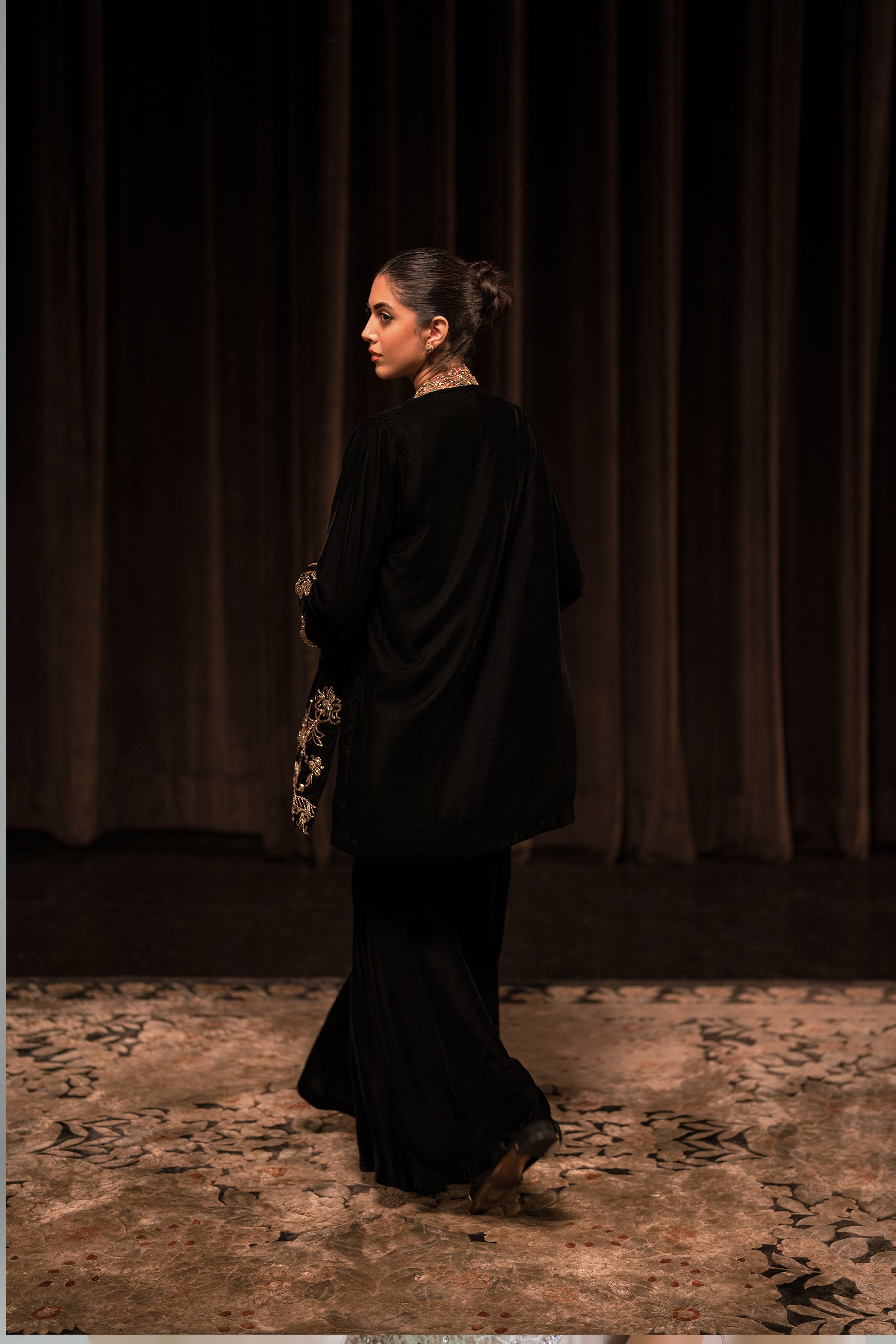 Black Zardozi Velvet & Jamavar Gharara Set (3-Piece) - Image 8