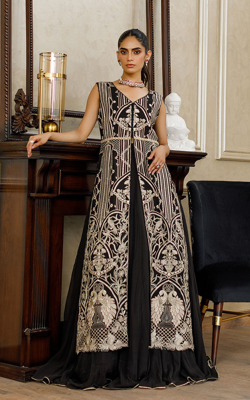 Pakistani Black Embroidered Chiffon Gown (3-Piece) - Image 1